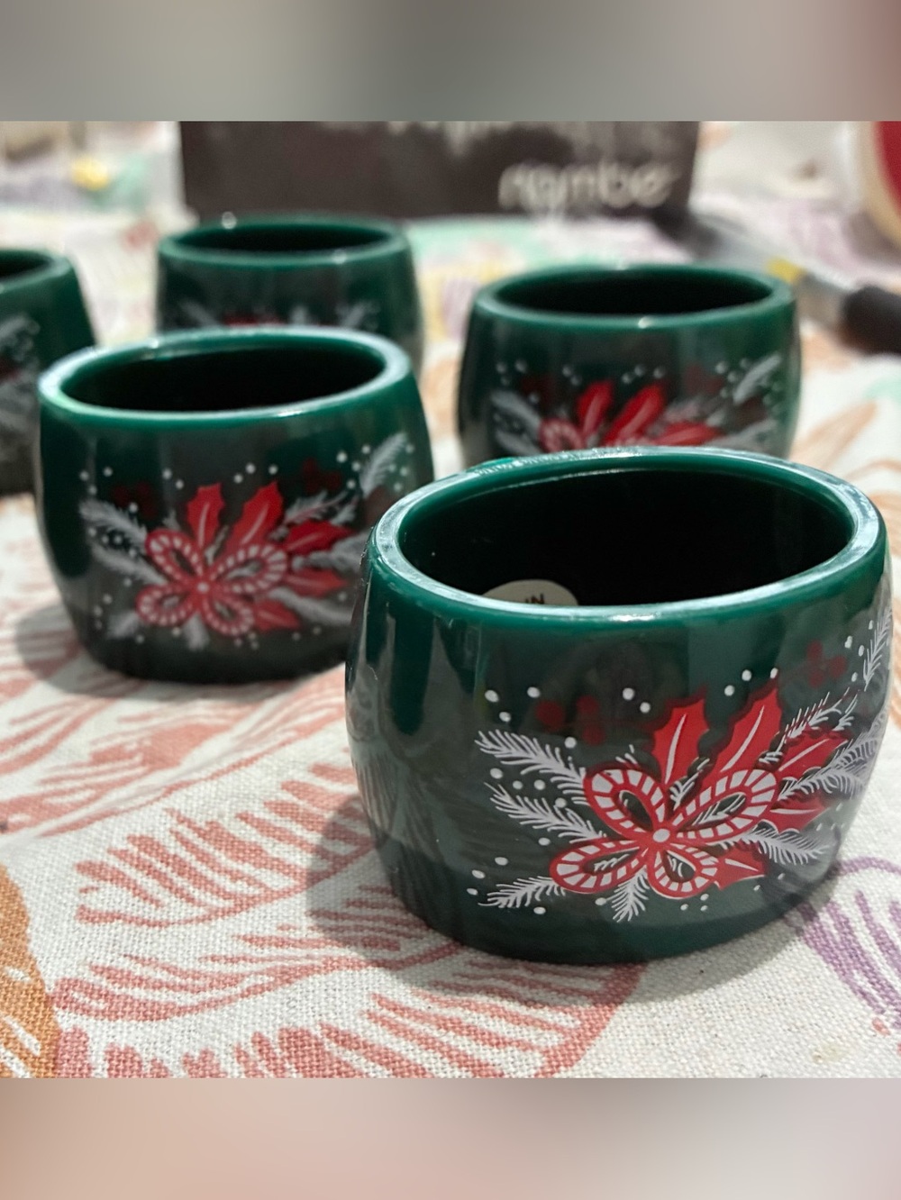 Vintage Reed (Hong Kong) Green Floral Hand-Painted Christmas Napkin Rings. EUC